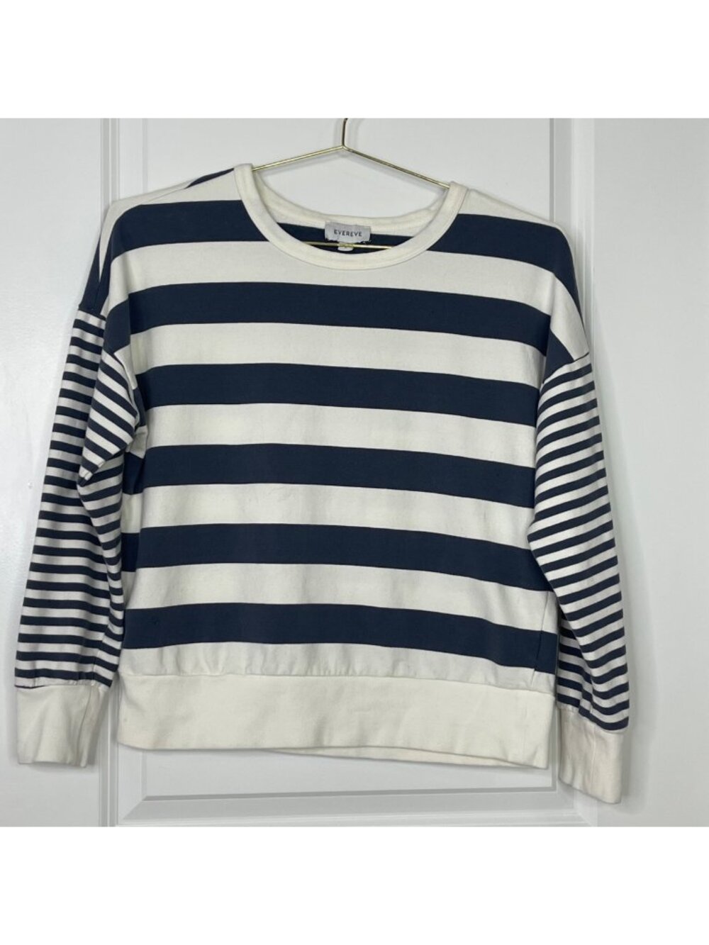 Evereve Navy & White Striped Sweatshirt Womens S Cotton Blend Crewneck Casual
